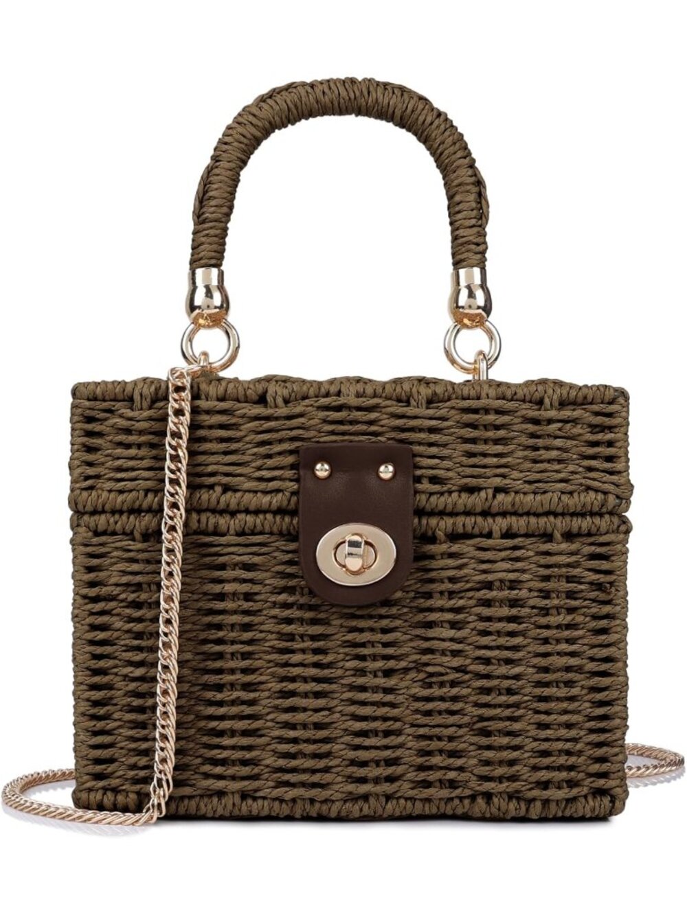 Women's Dark Brown Crossbody Shoulder Bag Straw Beach Tote Bag Top Handle